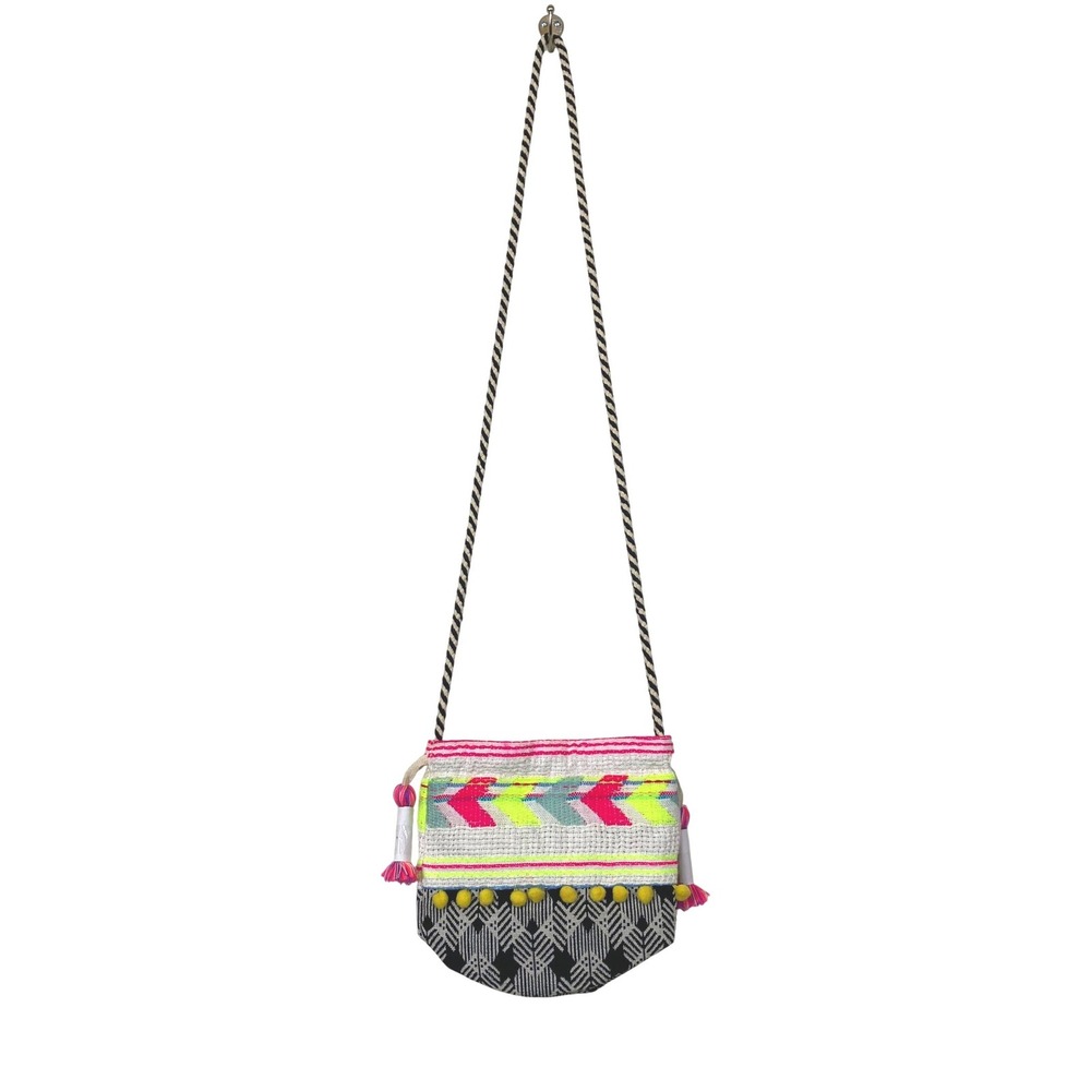 Pink House Boutique Boho Woven Drawstring Purse Festival Neon Pom Pom NWOT